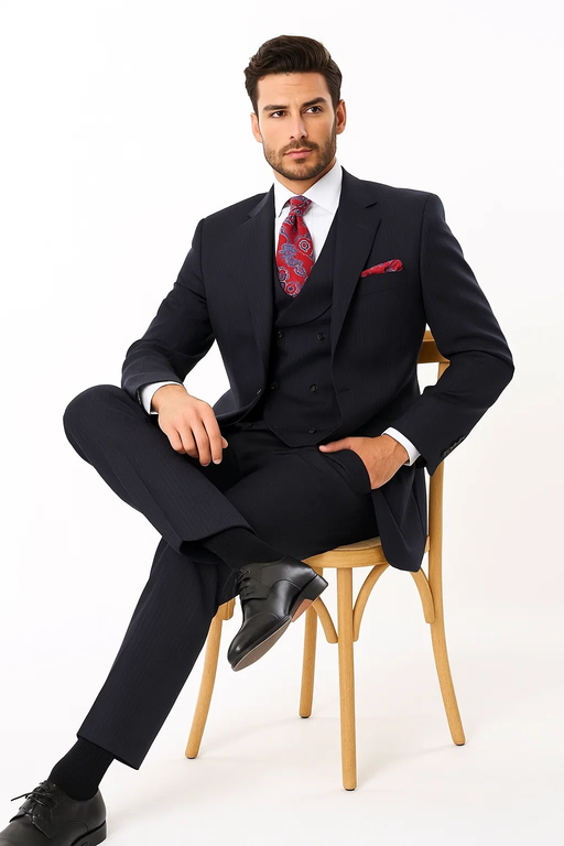 Classic Wool Fabric Fit - Pleated Pant - Peak Lapel With Double Breasted Vest - Athletic Fit Dark Navy with Blue Stripe Mens Suit