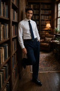 Blue Wide Leg Dress Pants Pleated Baggy Dress Trousers Unhemmed Unfinished Bottom - Cheap Priced Dress Slacks For Men On Sale