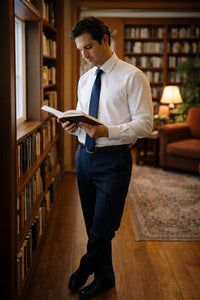 Blue Wide Leg Dress Pants Pleated Baggy Dress Trousers Unhemmed Unfinished Bottom - Cheap Priced Dress Slacks For Men On Sale