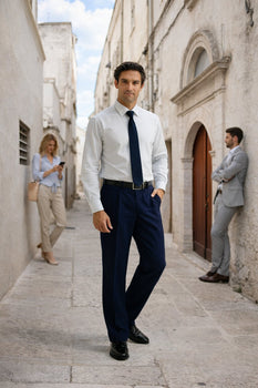 Blue Wide Leg Dress Pants Pleated Baggy Dress Trousers Unhemmed Unfinished Bottom - Cheap Priced Dress Slacks For Men On Sale