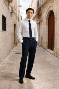 Blue Wide Leg Dress Pants Pleated Baggy Dress Trousers Unhemmed Unfinished Bottom - Cheap Priced Dress Slacks For Men On Sale