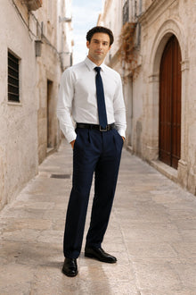 Blue Wide Leg Dress Pants Pleated Baggy Dress Trousers Unhemmed Unfinished Bottom - Cheap Priced Dress Slacks For Men On Sale