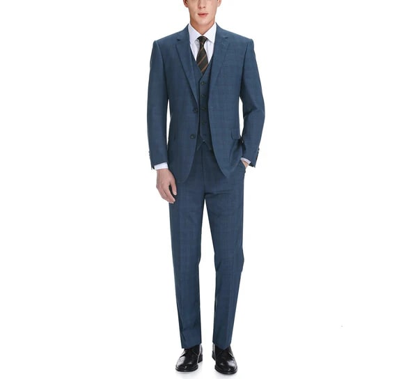 Renoir Clothing - Renoir Suit - Renoir Fashion - Performance 3-piece Classic Fit Blue Windowpane Check Renoir Suit