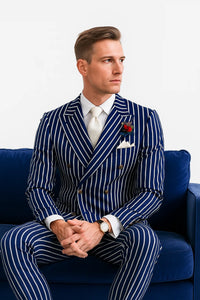  Blue and White Pinstripe Double Breasted Blazer Sport Coat