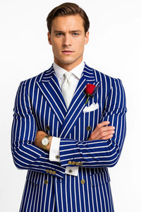  Blue and White Pinstripe Double Breasted Blazer Sport Coat
