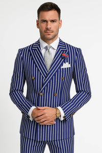  Blue and White Pinstripe Double Breasted Blazer Sport Coat