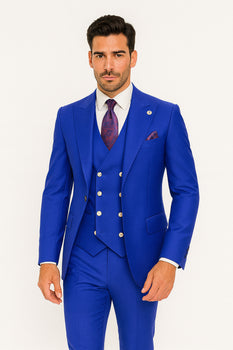 Mens Big and Tall Size Suits - Plus Size Mens Royal Blue Suit - Peak Lapel Ticket Pocket