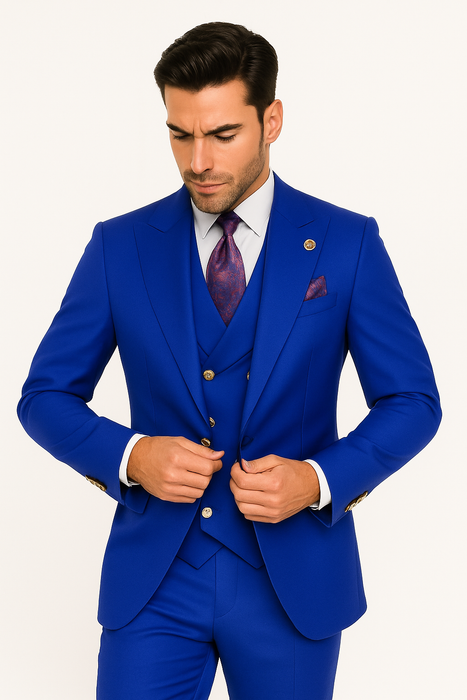 Mens Big and Tall Size Suits - Plus Size Mens Royal Blue Suit - Peak Lapel Ticket Pocket