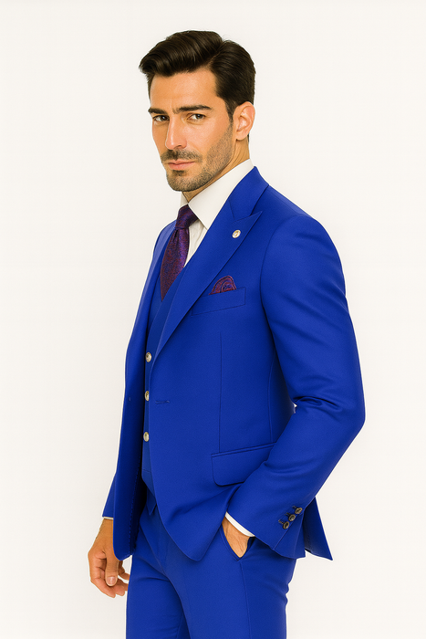 Mens Big and Tall Size Suits - Plus Size Mens Royal Blue Suit - Peak Lapel Ticket Pocket