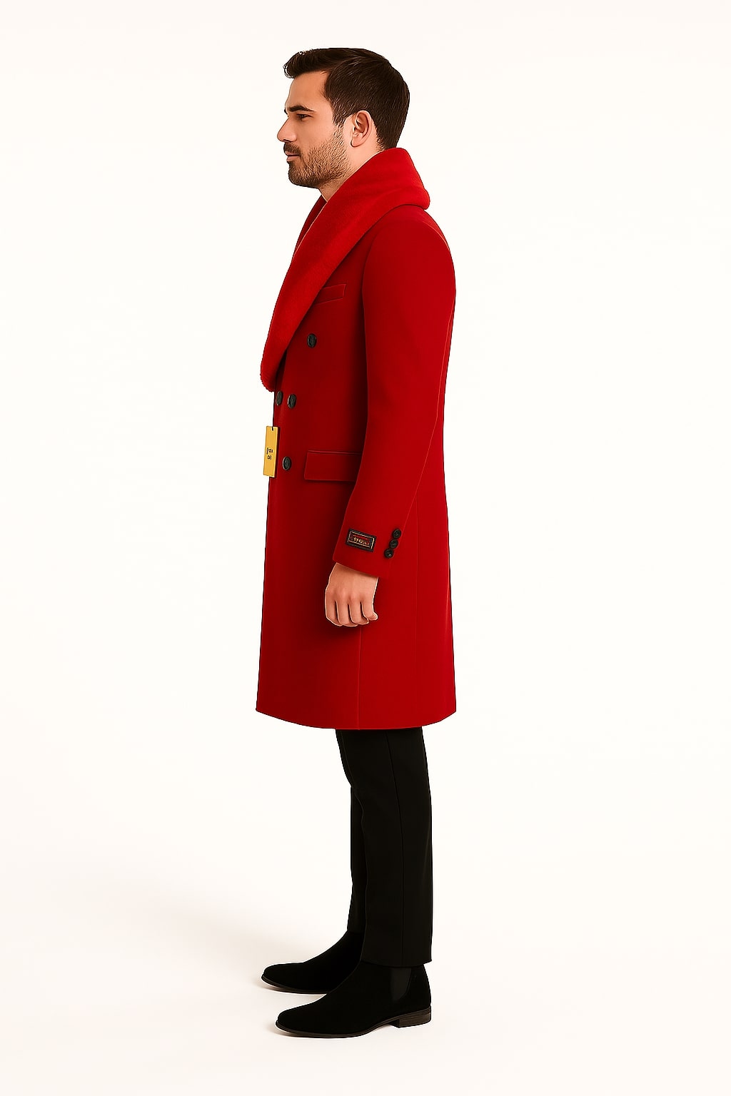 Mens Double Breasted Red Overcoat with Bold Red Faux Fur Collar – Alberto Nardoni Luxury Winter Coat - Image 2