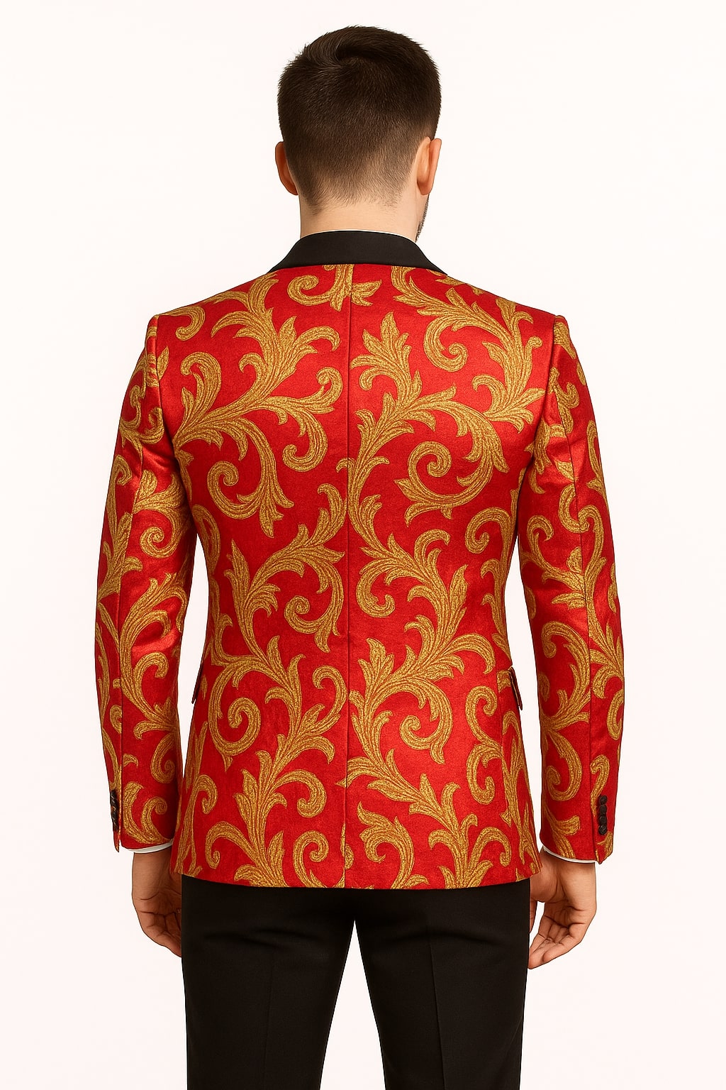 Men's Red and Gold Baroque Tuxedo Jacket with Black Satin Shawl Lapel - Image 4