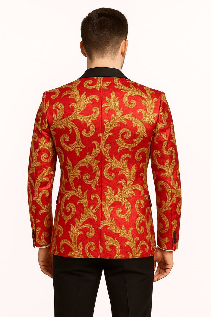 Men's Red and Gold Baroque Tuxedo Jacket with Black Satin Shawl Lapel - Image 4