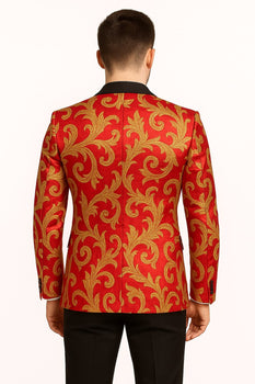 Men's Red and Gold Baroque Tuxedo Jacket with Black Satin Shawl Lapel - Image 4