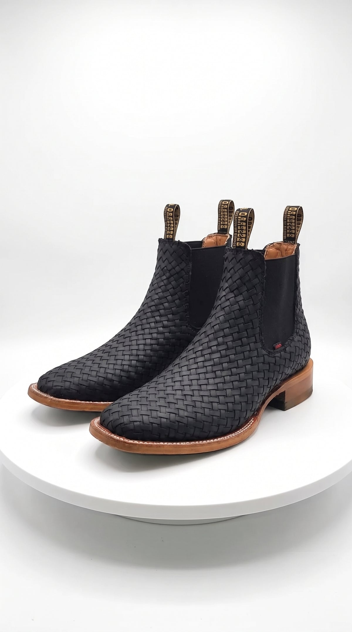 Besserro Men’s Black Petatillo Woven Leather Ankle Boots, Western Chelsea Style Square Toe Botines