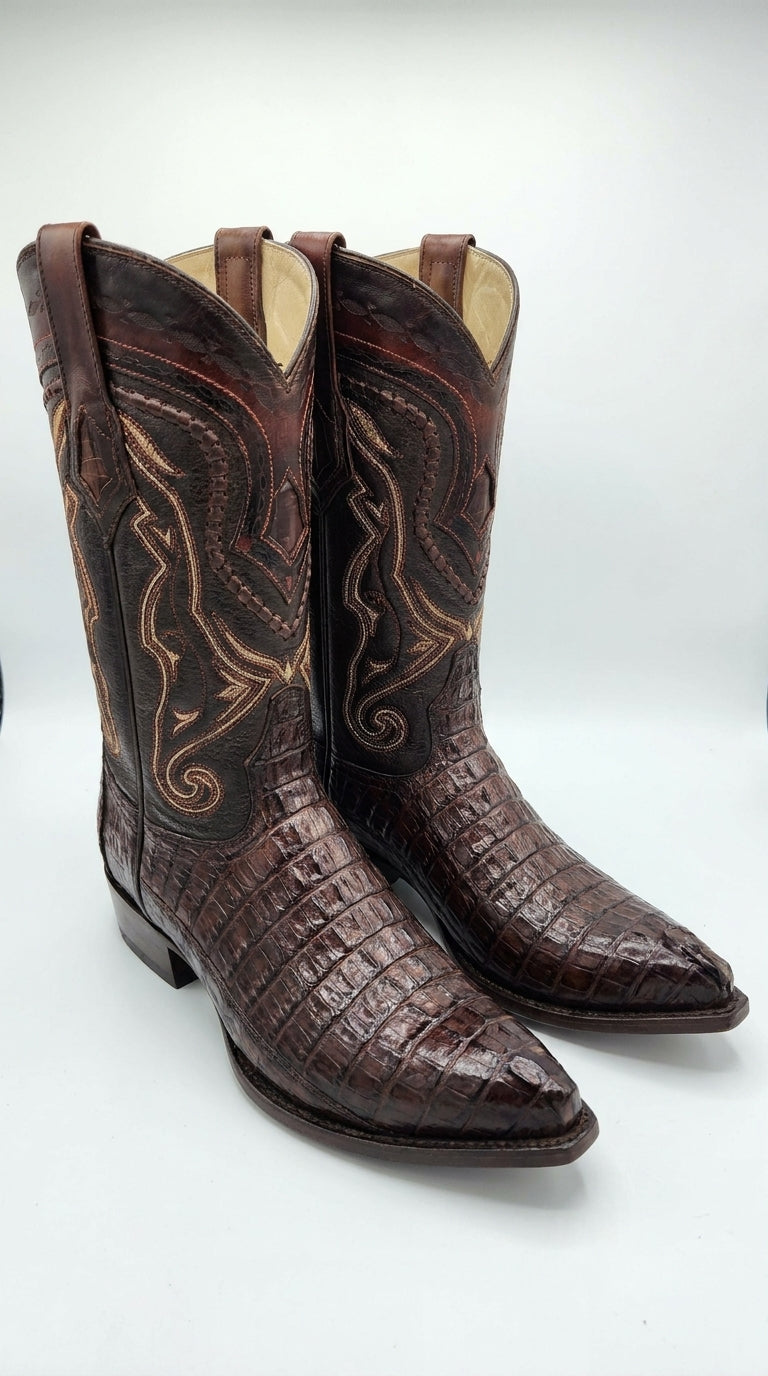 Los Altos Caiman Tail Cowboy Boots for Men – Faded Brown Pointed Toe Western Boots