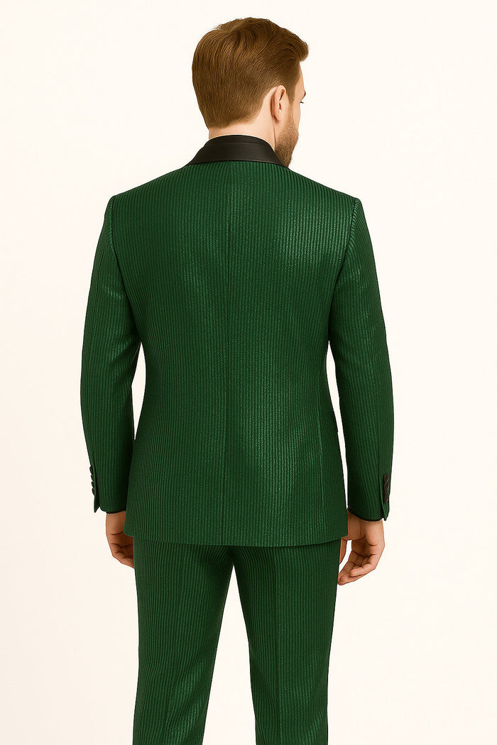 Men's Emerald Green Shiny Tuxedo with Black Satin Lapel and Matching Bow Tie – Ultra Slim Fit - Image 2
