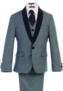 Boys Kids Sizes Tuxedo Suit AFT 3-Buttons Vest Classic Fit Suede Shawl Suit With Adjustable Tie Gray