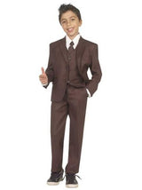 Boy's Brown 2 buttons closure Five Piece Suit With Vest, Shirt And Tie
