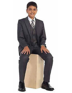 Kids Boys Two Buttons 5 Piece Set Formal Cotton Blend Charcoal Suits Perfect for wedding attire outfits - Toddler Suits