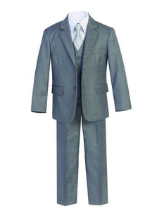 Kids Boys Two Buttons Gray 5 Piece Set Formal Cotton Blend Suit Perfect for weddings attire outfits - Toddler Suits