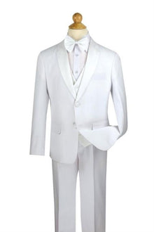 Boy's White 5 Piece Kids Sizes Tuxedo Pleated Pant,Shirt And Bow Tie Perfect for toddlers Suit wedding attire outfits