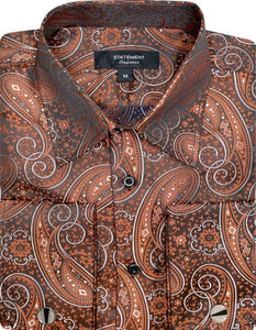Mens Paisley Shirts - Club Fashion Dress Shirt Spread Collar in  Color Brick