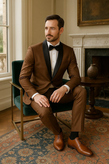 Mens Bronze Satin Shawl Lapel Tuxedo Suit – Light Brown Coffee Color - Image 3