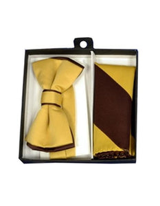 Men's Polyester Brown/Gold Satin dual colors classic Bowtie with hankie - Men's Neck Ties - Mens Dress Tie - Trendy Mens Ties