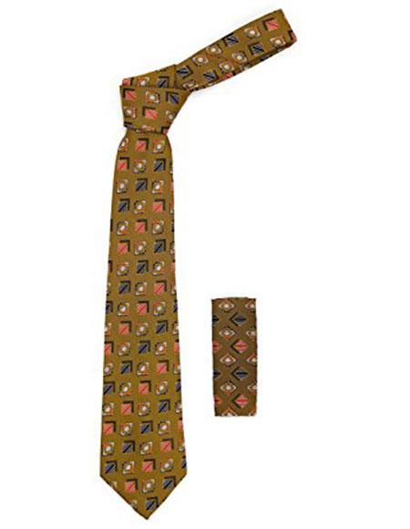 Men's Geometric Brown with Multicolor Striped Squares Necktie Includes Hanky Set - Men's Neck Ties - Mens Dress Tie - Trendy Mens Ties
