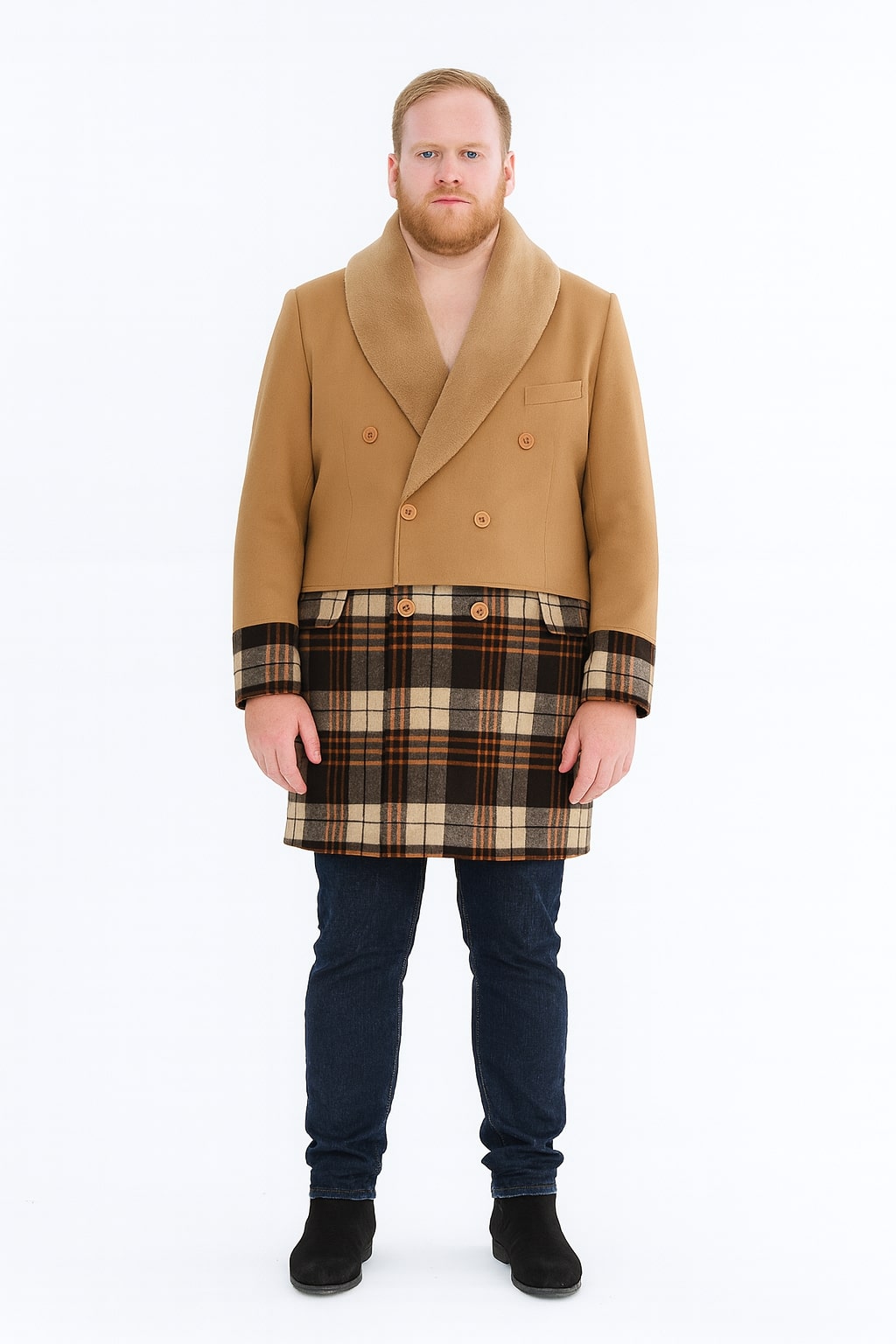 Mens Camel Brown Shawl Collar Overcoat with Plaid Wool Bottom – Double-Breasted Winter Topcoat With Fur Collar - Image 3