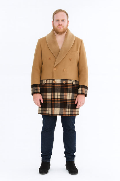 Mens Camel Brown Shawl Collar Overcoat with Plaid Wool Bottom – Double-Breasted Winter Topcoat With Fur Collar - Image 3