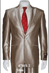 Champagne Suit Shiny Sharkskin Flashy Tan~champagne ~ Beige~Taupe 2 Button Style Jacket Flat Front Pants Notch Collar