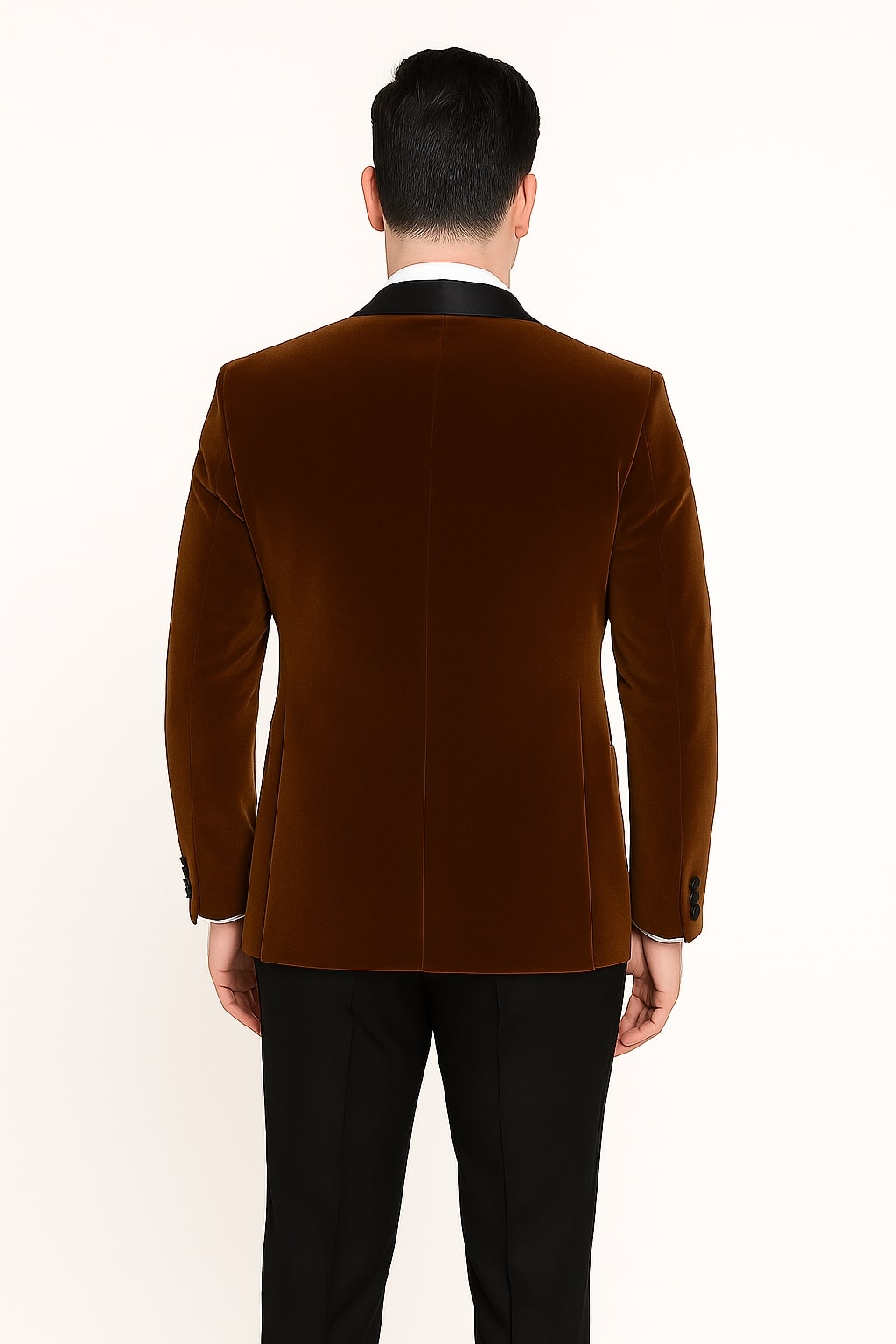 Mens Brown Velvet Tuxedo with Black Satin Shawl Lapel – One Button Formal Suit Jacket - Image 3