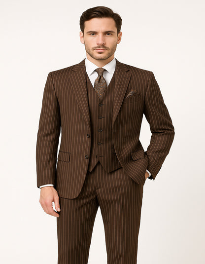 Men's Brown Pinstripe 3-Piece Suit with Matching Vest – Classic Fit Business and Formal Attire - Image 2