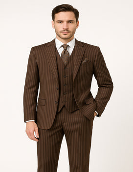 Men's Brown Pinstripe 3-Piece Suit with Matching Vest – Classic Fit Business and Formal Attire - Image 2