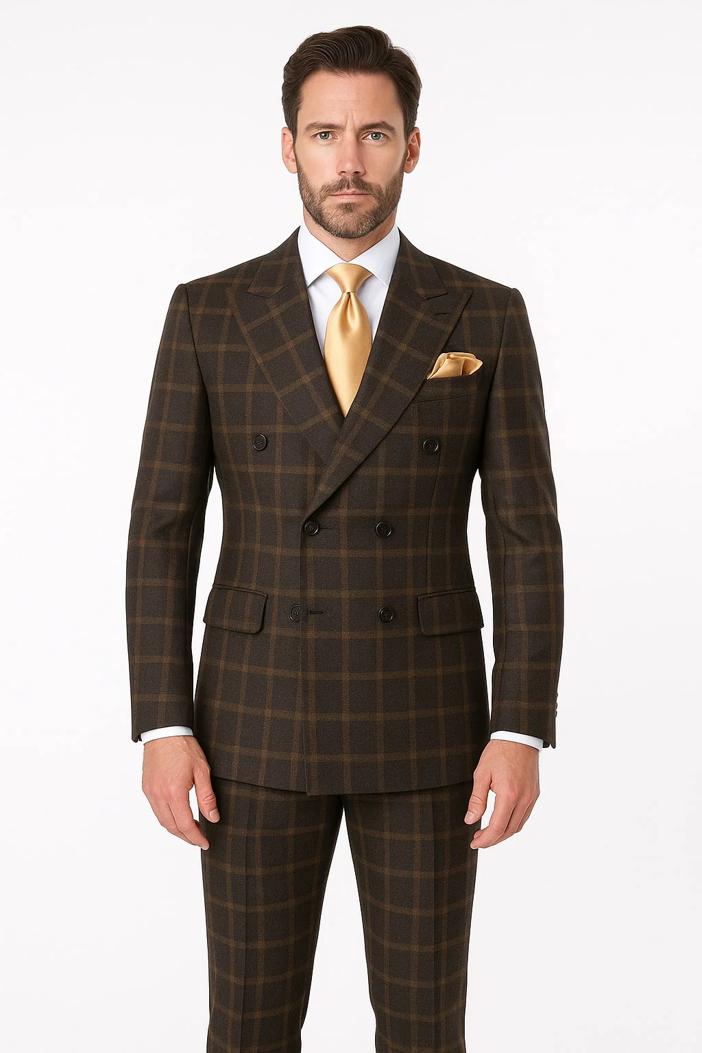 Men's Brown Plaid Double-Breasted Wool Suits – Classic Windowpane Two-Piece Formal Suits By Rossiman - Image 2