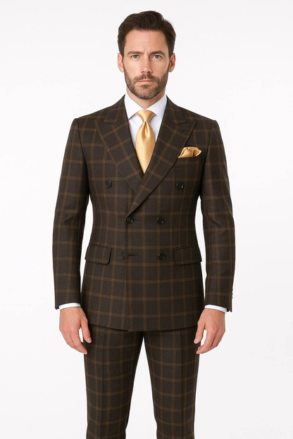 Men's Brown Plaid Double-Breasted Wool Suits – Classic Windowpane Two-Piece Formal Suits By Rossiman - Image 2