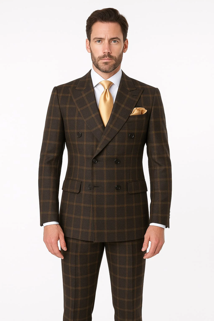 Men's Brown Plaid Double-Breasted Wool Suits – Classic Windowpane Two-Piece Formal Suits By Rossiman - Image 2