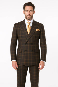 Men's Brown Plaid Double-Breasted Wool Suits – Classic Windowpane Two-Piece Formal Suits By Rossiman - Image 2