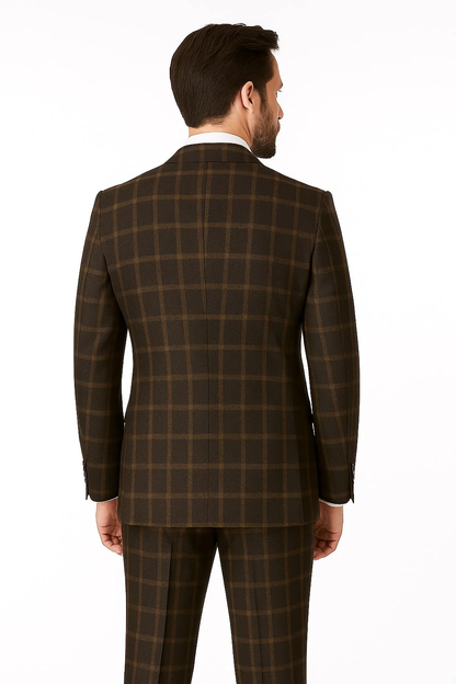Men's Brown Plaid Double-Breasted Wool Suits – Classic Windowpane Two-Piece Formal Suits By Rossiman - Image 3