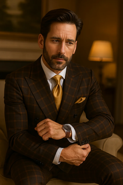 Men's Brown Plaid Double-Breasted Wool Suits – Classic Windowpane Two-Piece Formal Suits By Rossiman