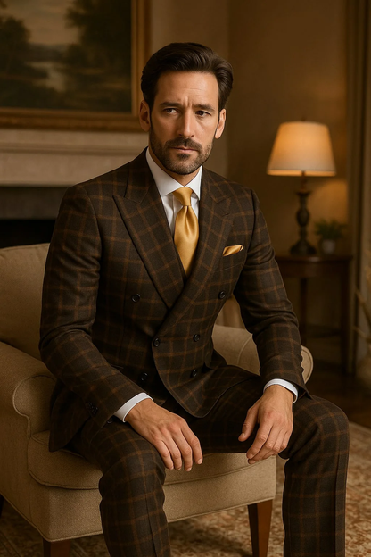 Men's Brown Plaid Double-Breasted Wool Suits – Classic Windowpane Two-Piece Formal Suits By Rossiman - Image 5
