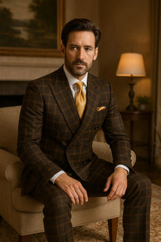Men's Brown Plaid Double-Breasted Wool Suits – Classic Windowpane Two-Piece Formal Suits By Rossiman - Image 5