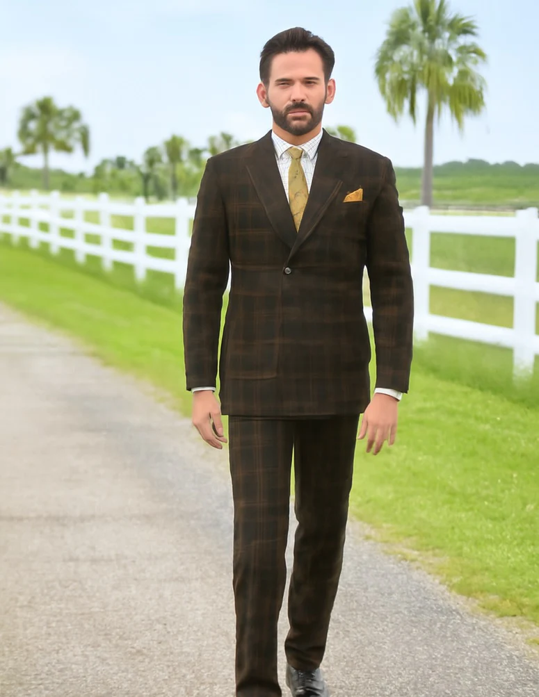 Men's Brown Plaid Double-Breasted Wool Suits – Classic Windowpane Two-Piece Formal Suits By Rossiman - Image 7