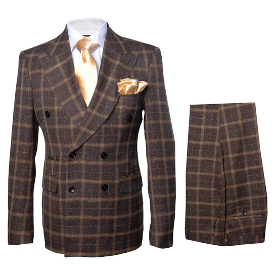 Men's Brown Plaid Double-Breasted Wool Suits – Classic Windowpane Two-Piece Formal Suits By Rossiman