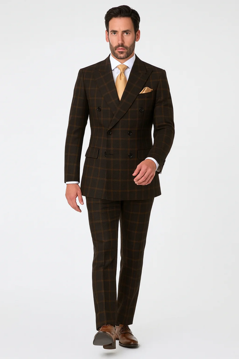 Men's Brown Plaid Double-Breasted Wool Suits – Classic Windowpane Two-Piece Formal Suits By Rossiman