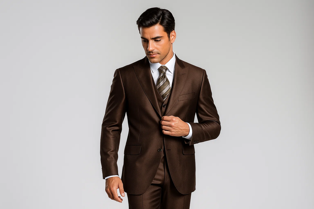 Ticket Pocket 3 Button Peak Lapel Brown Sharkskin Shiny Metallic Jacket & Pants Cheap Business Three buttons Suits Clearance Sale