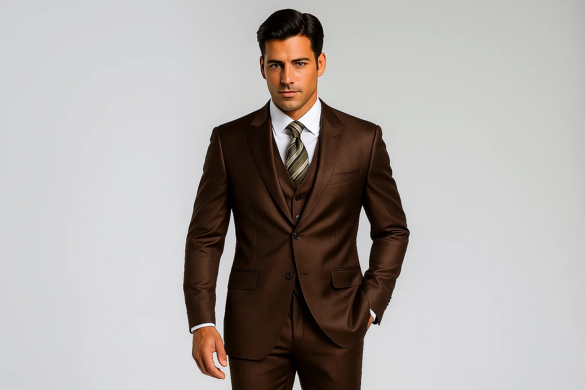 Ticket Pocket 3 Button Peak Lapel Brown Sharkskin Shiny Metallic Jacket & Pants Cheap Business Three buttons Suits Clearance Sale