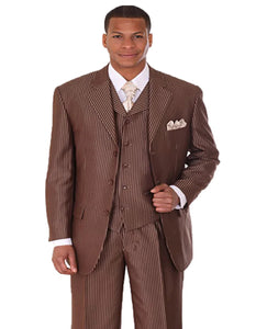 Three Button Suit - Classic Fit Pleated Pants - Mens 3 Button Vested Shiny Sharkskin Narrow Brown Pinstripe Suit