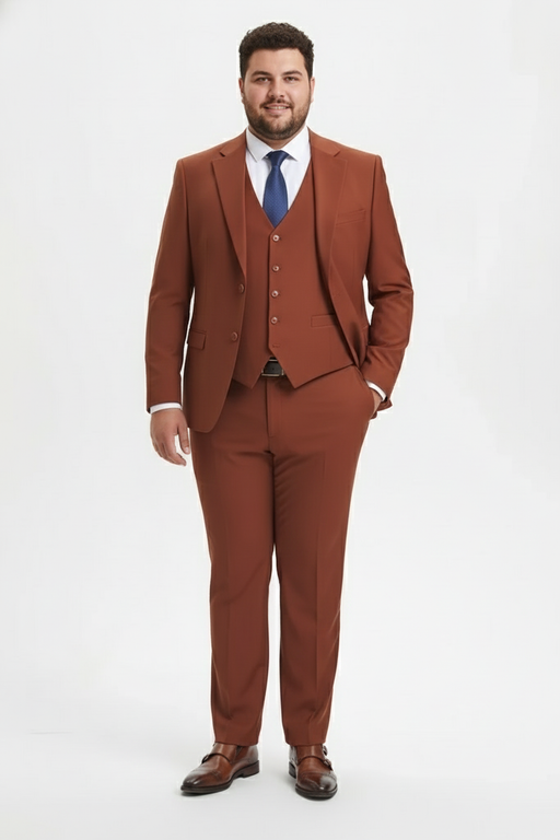 Men’s Orangish Rust Brown Three-Piece Suit –   Slim Fit Jacket, Vest and Tailored Pants in Brick Color